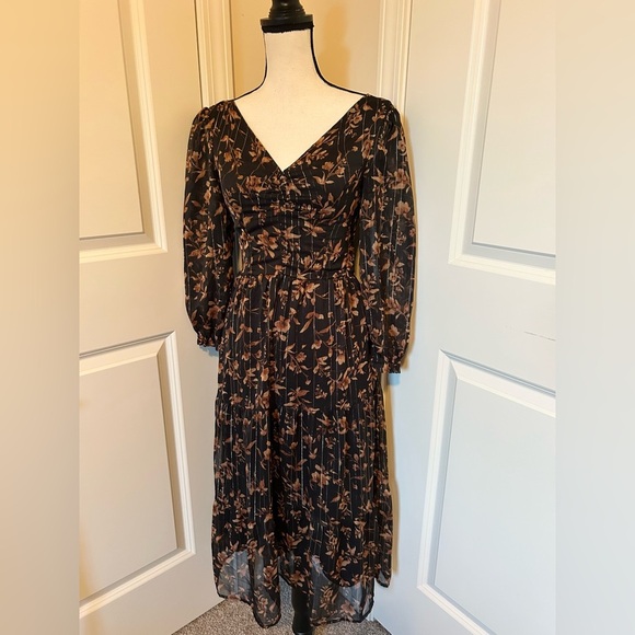 Sincerly Jules Dresses & Skirts - Floral Black and Brown Midi peasant long sleeve v neck Dress